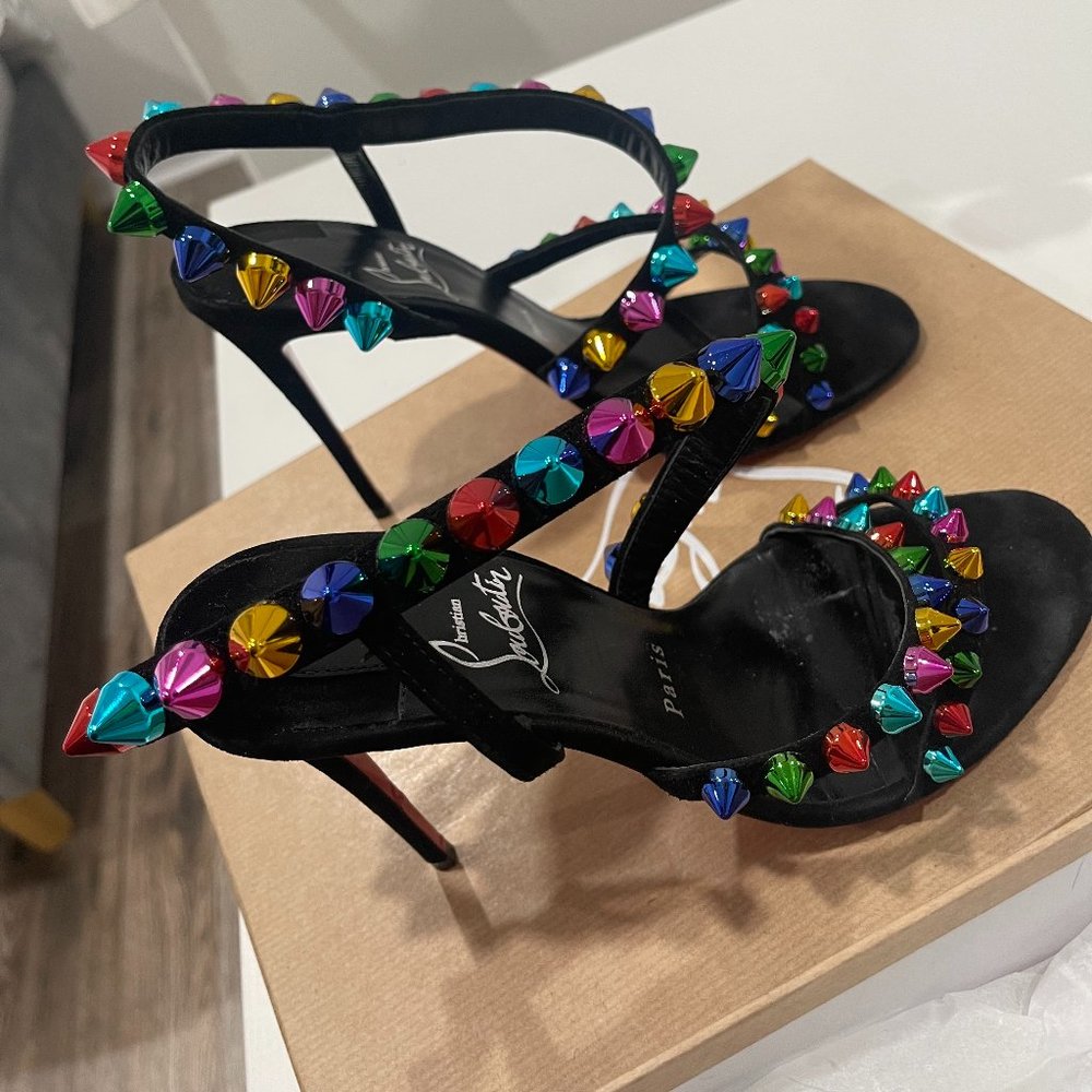 CHRISTIAN LOUBOUTIN Spikita 100 mm black and rainbow suede sandal heels - Picture 5 of 7